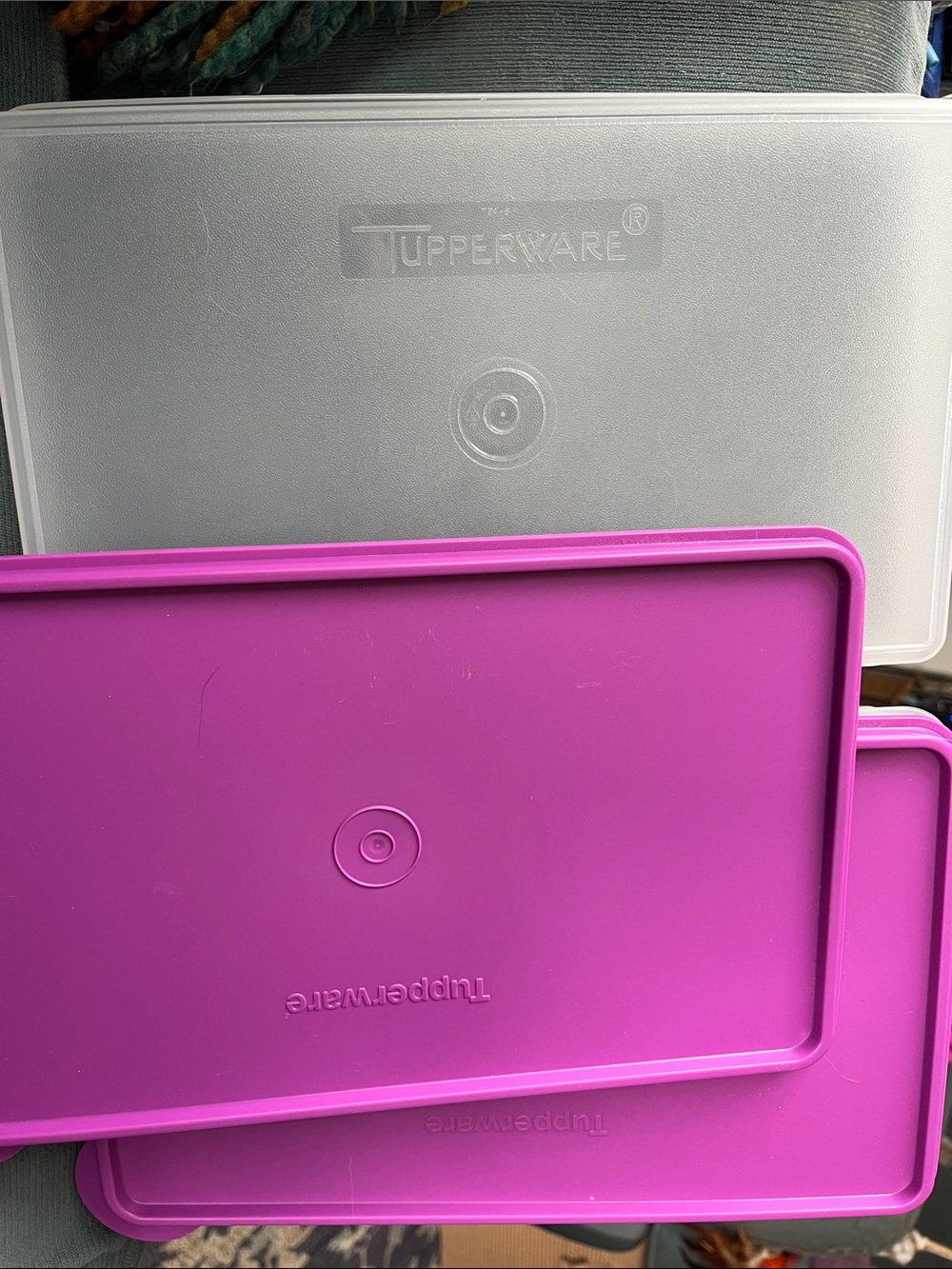 Two Tupperware Magenta and Clear Rectangular Storage with lids Lids